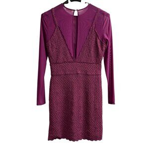 Free‎ People Dress Womens L Jeanne Twofer Bodycon Berry Purple Mini Sheer Bodice